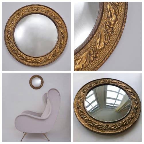 Antique Arts & Crafts convex wall mirror, round, brass, embossed acorns, 1920`s ca, English